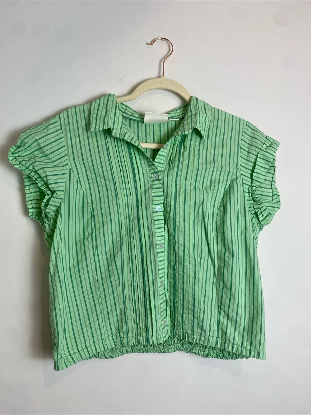 Maeve Collared Shrunken Button Down Blouse in Green Striped Size Large - Picture 3 of 7